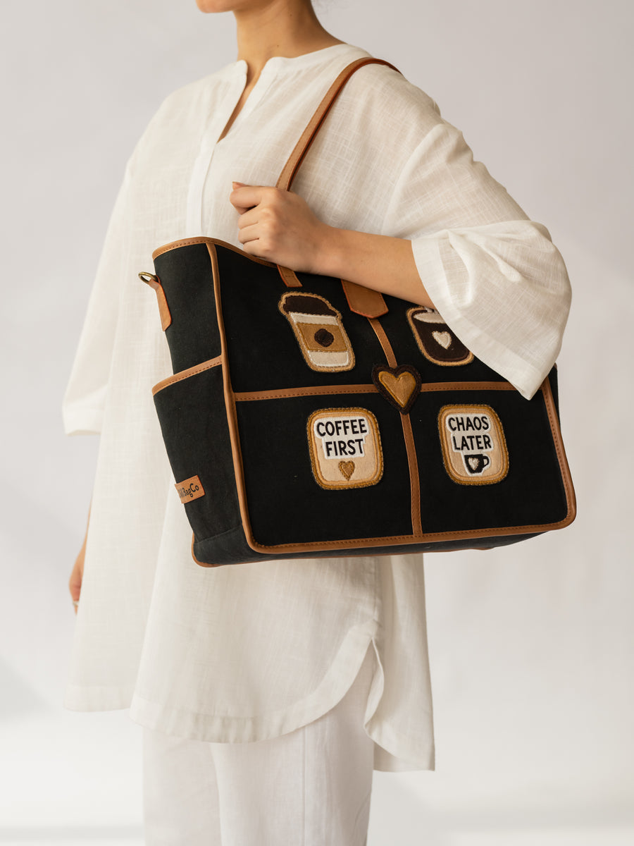 The Coffee Run Tote - Jet Black & Warm Tan - Product detail view 13 | DilliBagCo