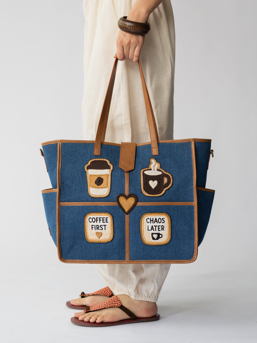 The Coffee Run Tote - Denim & Warm Tan - Product detail view 14 | DilliBagCo