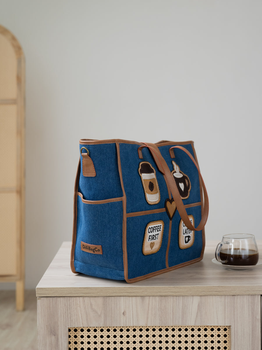 The Coffee Run Tote - Denim & Warm Tan - Product detail view 10 | DilliBagCo