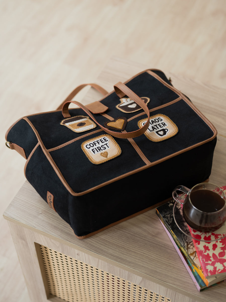 The Coffee Run Tote - Jet Black & Warm Tan - Product detail view 12 | DilliBagCo