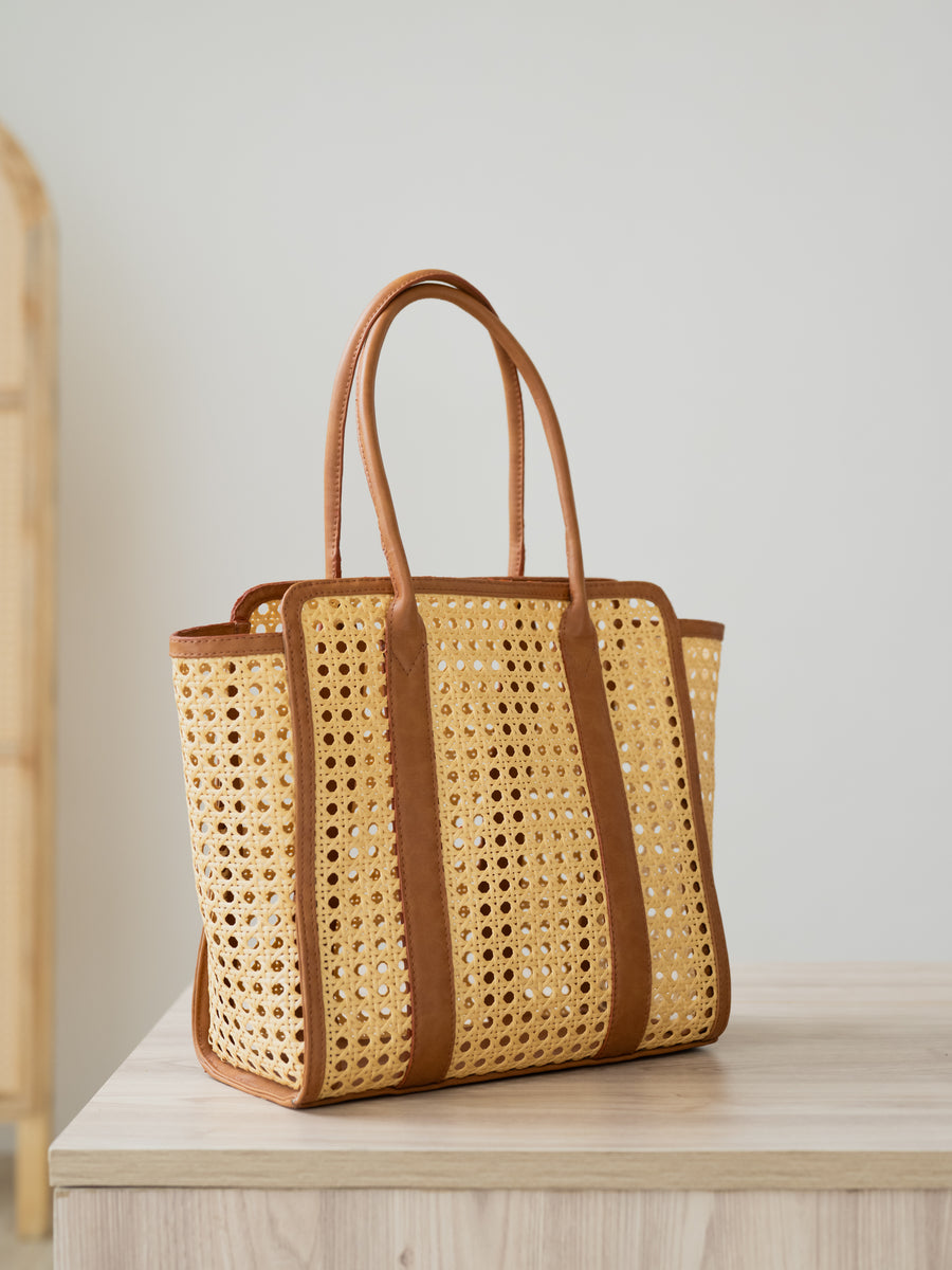 The Sunny Side Tote - Camel Brown - Side angle and strap detailing | DilliBagCo