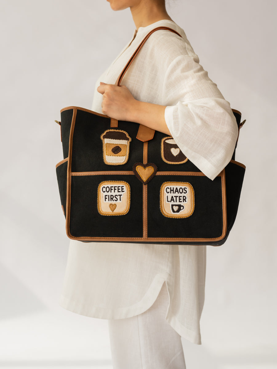 The Coffee Run Tote - Jet Black & Warm Tan - Craftsmanship and closure close-up | DilliBagCo