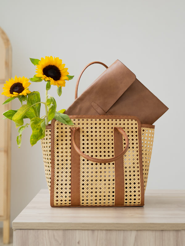 The Sunny Side Tote with Laptop Sleeve - Camel Brown - Front view everyday carry | DilliBagCo