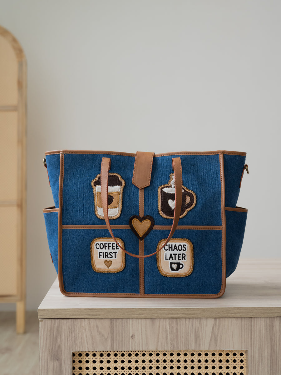 The Coffee Run Tote - Denim & Warm Tan - Full profile and structured shape | DilliBagCo