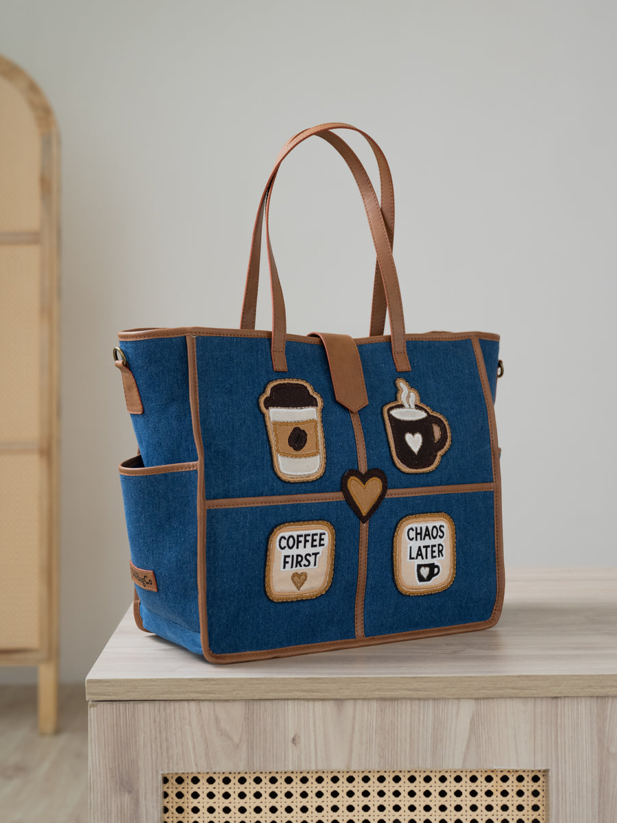 The Coffee Run Tote - Denim & Warm Tan - Texture and material detail | DilliBagCo
