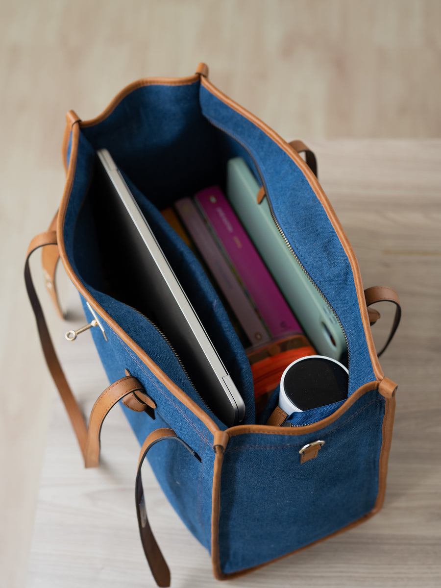 The City Classic Tote Bag - Denim & Warm Tan - Interior compartment and storage layout | DilliBagCo