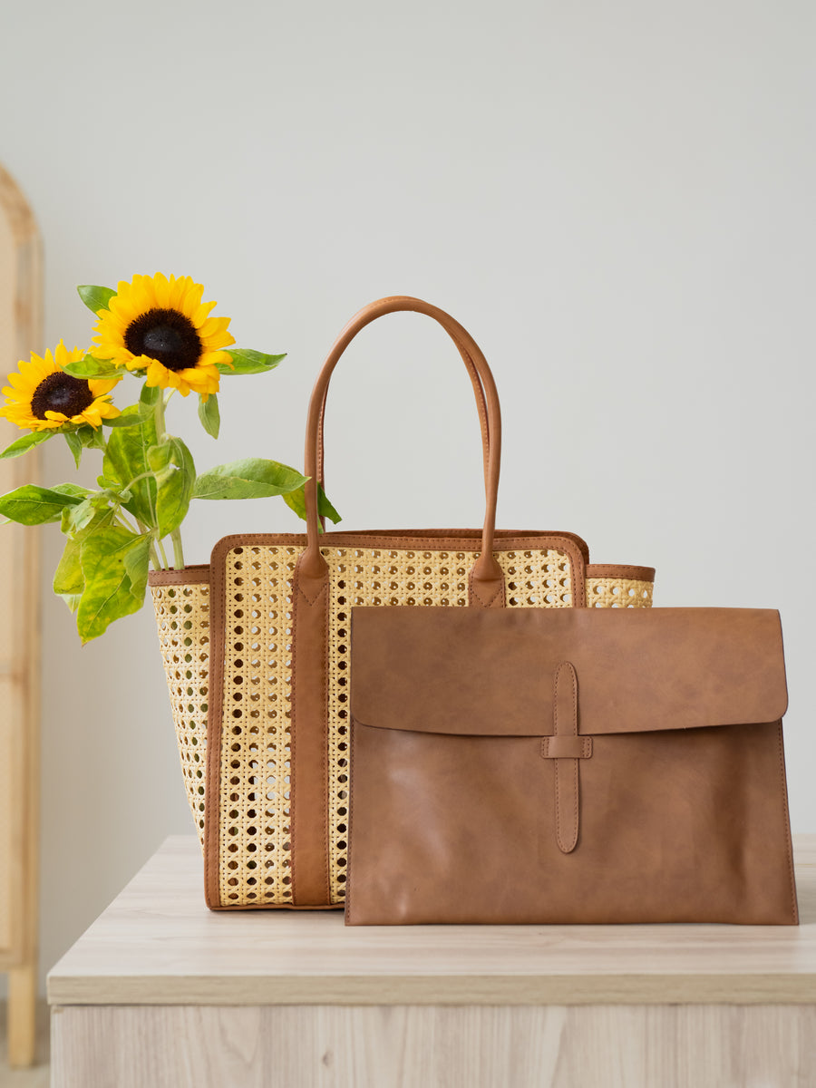 The Sunny Side Tote with Laptop Sleeve - Camel Brown - Side angle and strap detailing | DilliBagCo