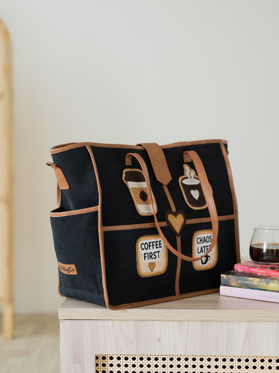 The Coffee Run Tote - Jet Black & Warm Tan - Interior compartment and storage layout | DilliBagCo