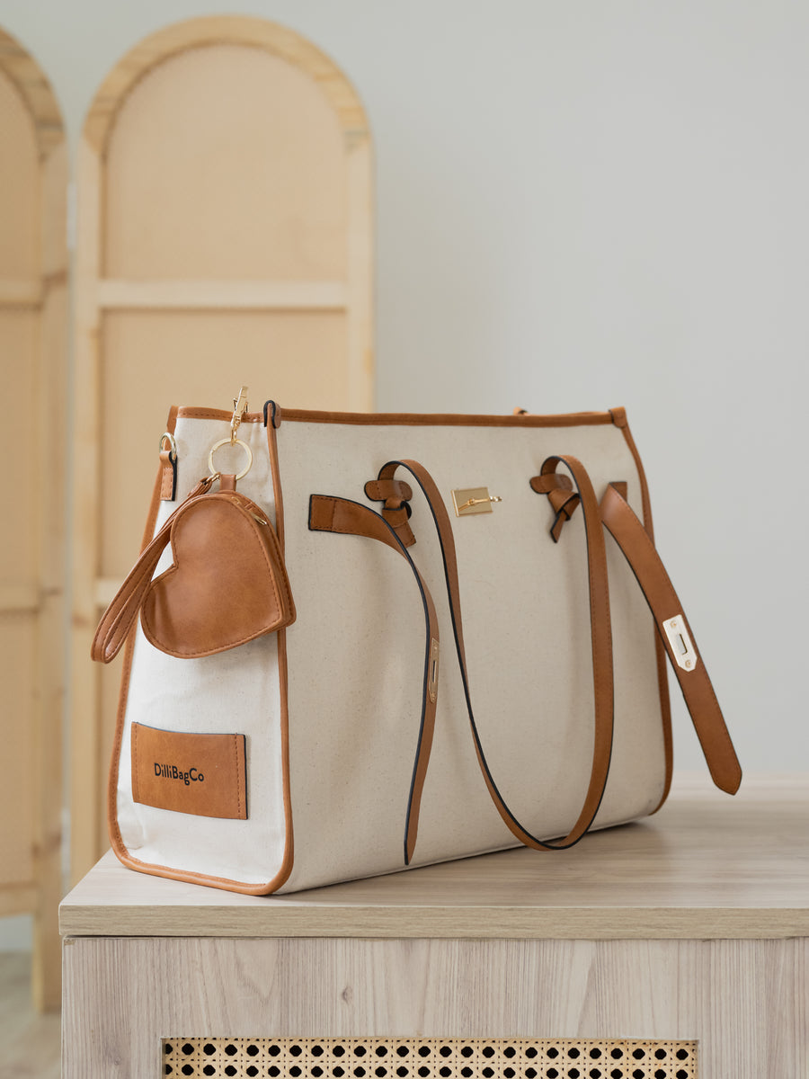 The City Classic Tote Bag - Cream & Warm Tan - Full profile and structured shape | DilliBagCo