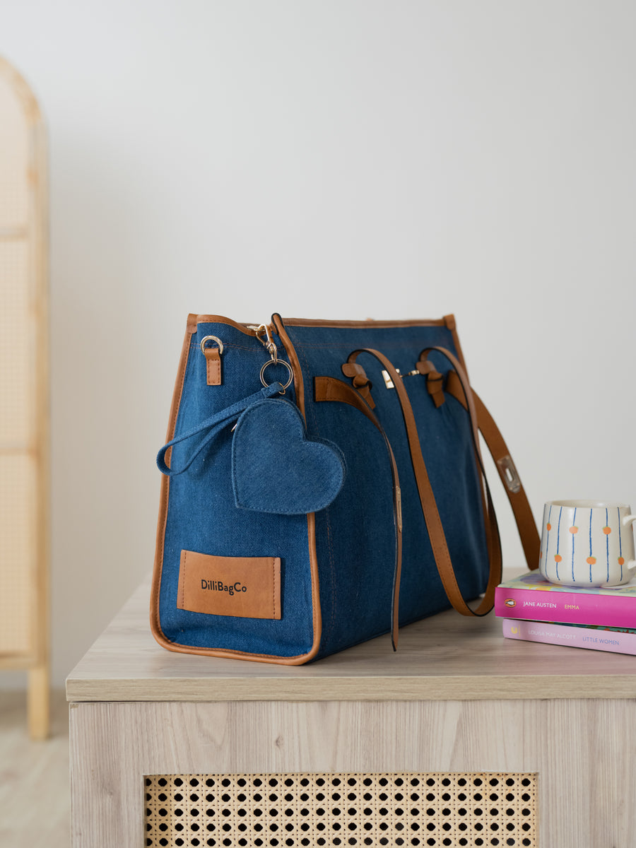 The City Classic Tote Bag - Denim & Warm Tan - Texture and material detail | DilliBagCo