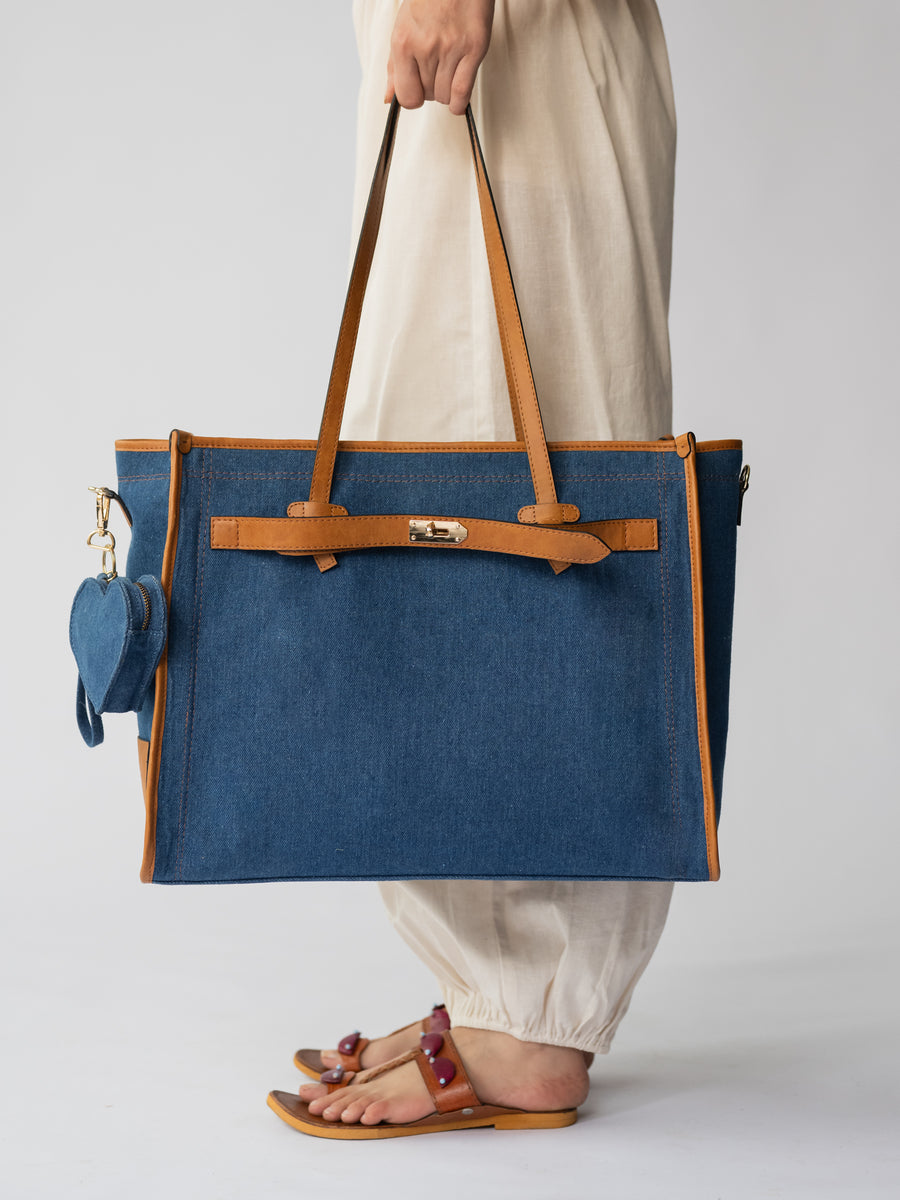 The City Classic Tote Bag - Denim & Warm Tan - Side angle and strap detailing | DilliBagCo