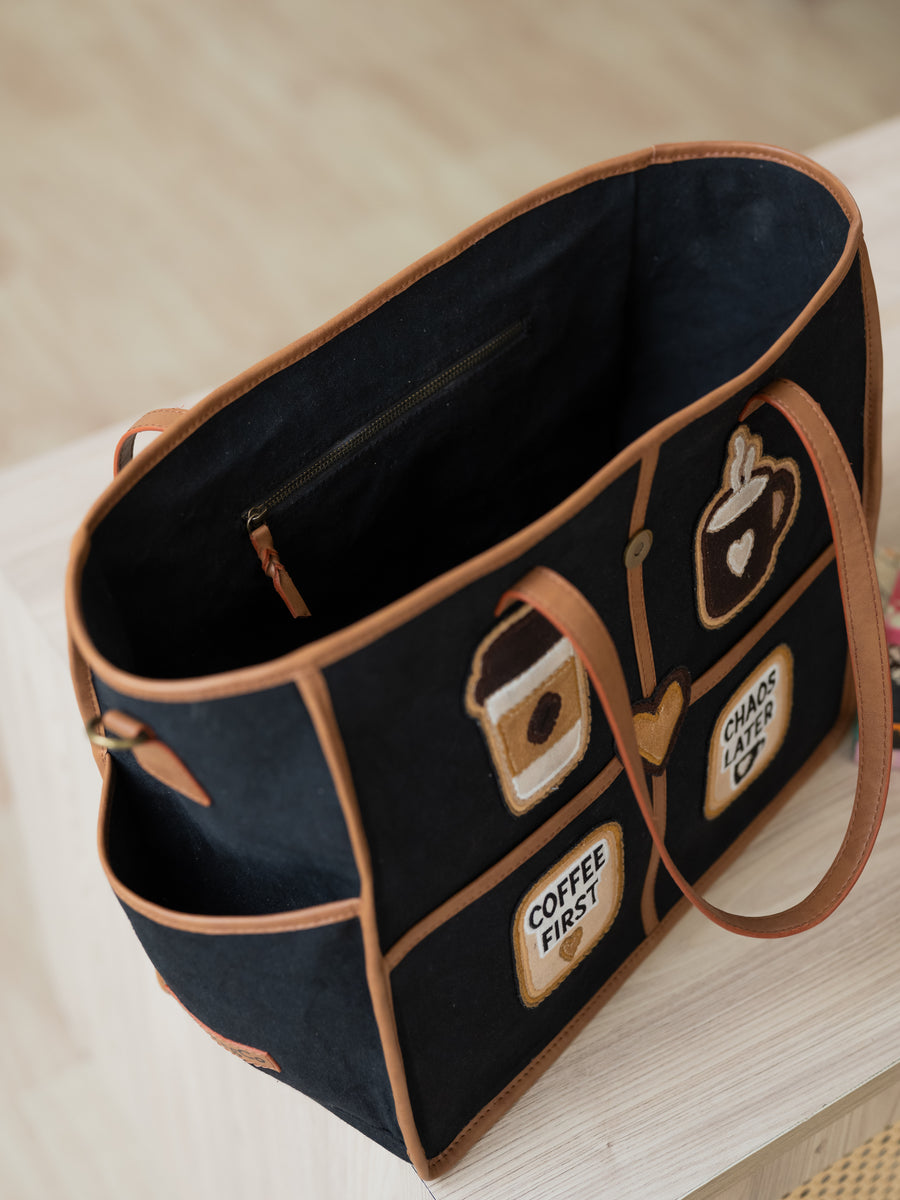 The Coffee Run Tote - Jet Black & Warm Tan - Texture and material detail | DilliBagCo