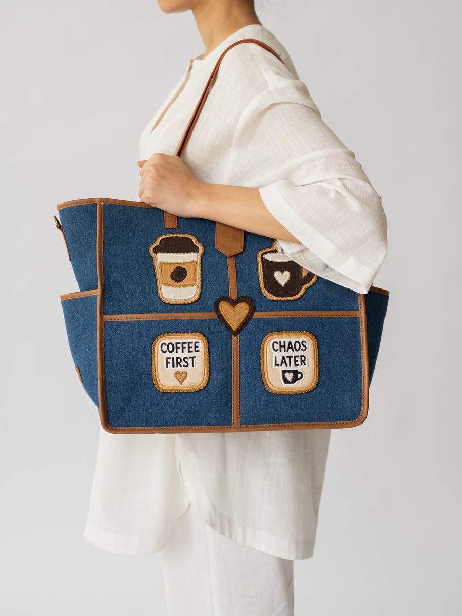 The Coffee Run Tote - Denim & Warm Tan - Craftsmanship and closure close-up | DilliBagCo