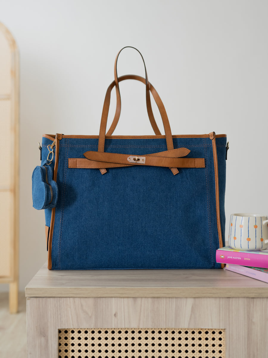 The City Classic Tote Bag - Denim & Warm Tan - Full profile and structured shape | DilliBagCo