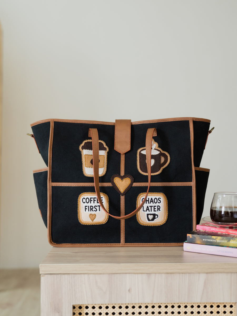 The Coffee Run Tote - Jet Black & Warm Tan - Back and base construction | DilliBagCo