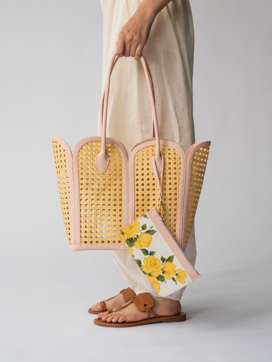 The Petal Cane Tote - Natural Cane & Blush Pink - Texture and material detail | DilliBagCo
