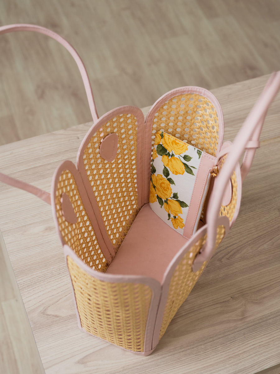 The Petal Cane Tote - Natural Cane & Blush Pink - Full profile and structured shape | DilliBagCo