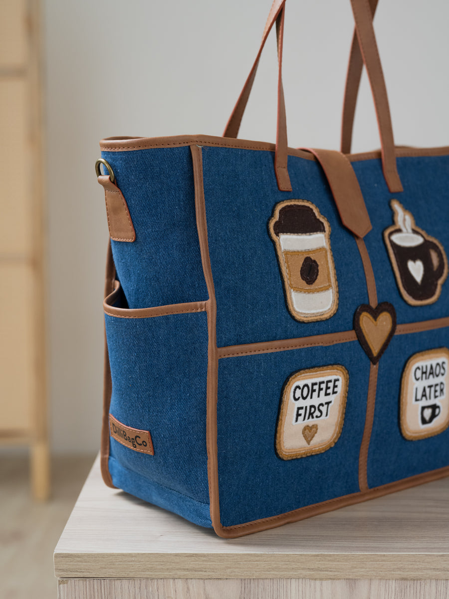 The Coffee Run Tote - Denim & Warm Tan - Product detail view 12 | DilliBagCo