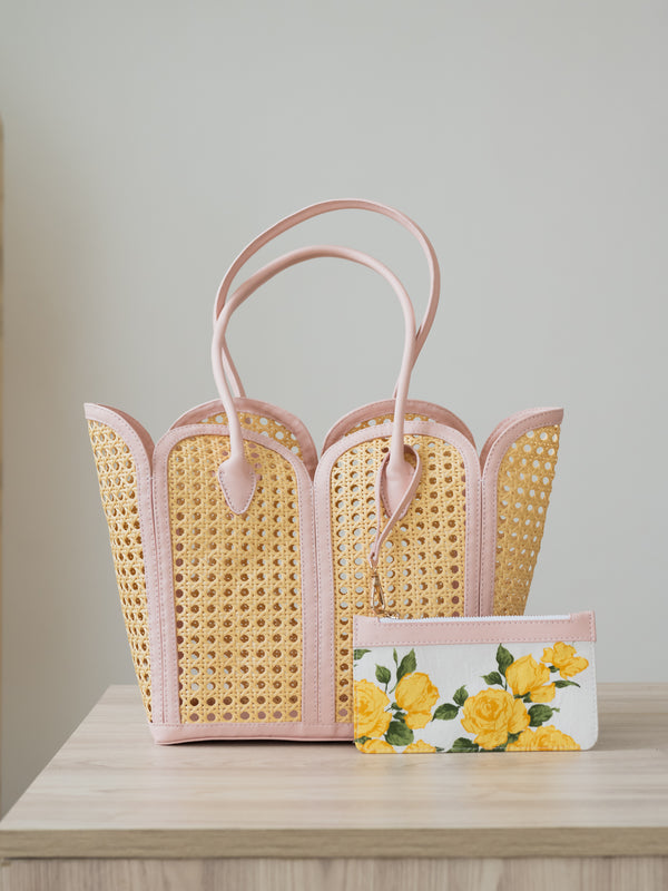The Petal Cane Tote - Natural Cane & Blush Pink - Front view everyday carry | DilliBagCo