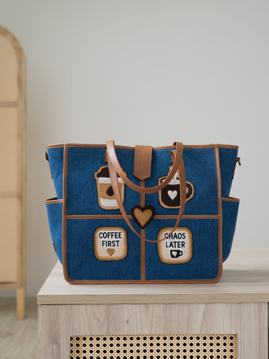 The Coffee Run Tote - Denim & Warm Tan - Lifestyle and styling perspective | DilliBagCo