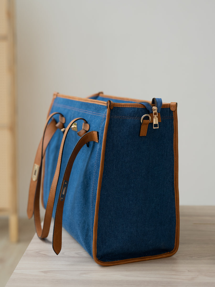 The City Classic Tote Bag - Denim & Warm Tan - Product detail view 12 | DilliBagCo