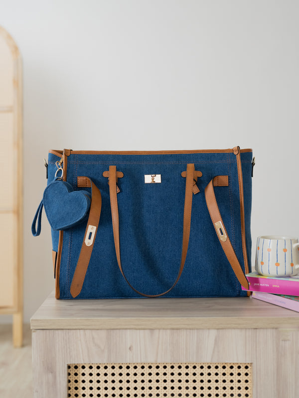 The City Classic Tote Bag - Denim & Warm Tan - Front view everyday carry | DilliBagCo