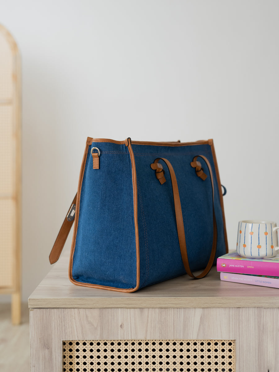 The City Classic Tote Bag - Denim & Warm Tan - Lifestyle and styling perspective | DilliBagCo