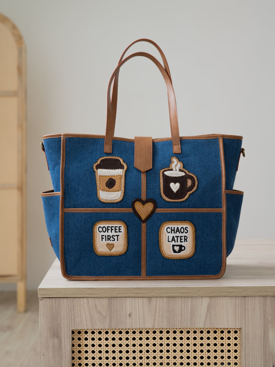 The Coffee Run Tote - Denim & Warm Tan - Front view everyday carry | DilliBagCo