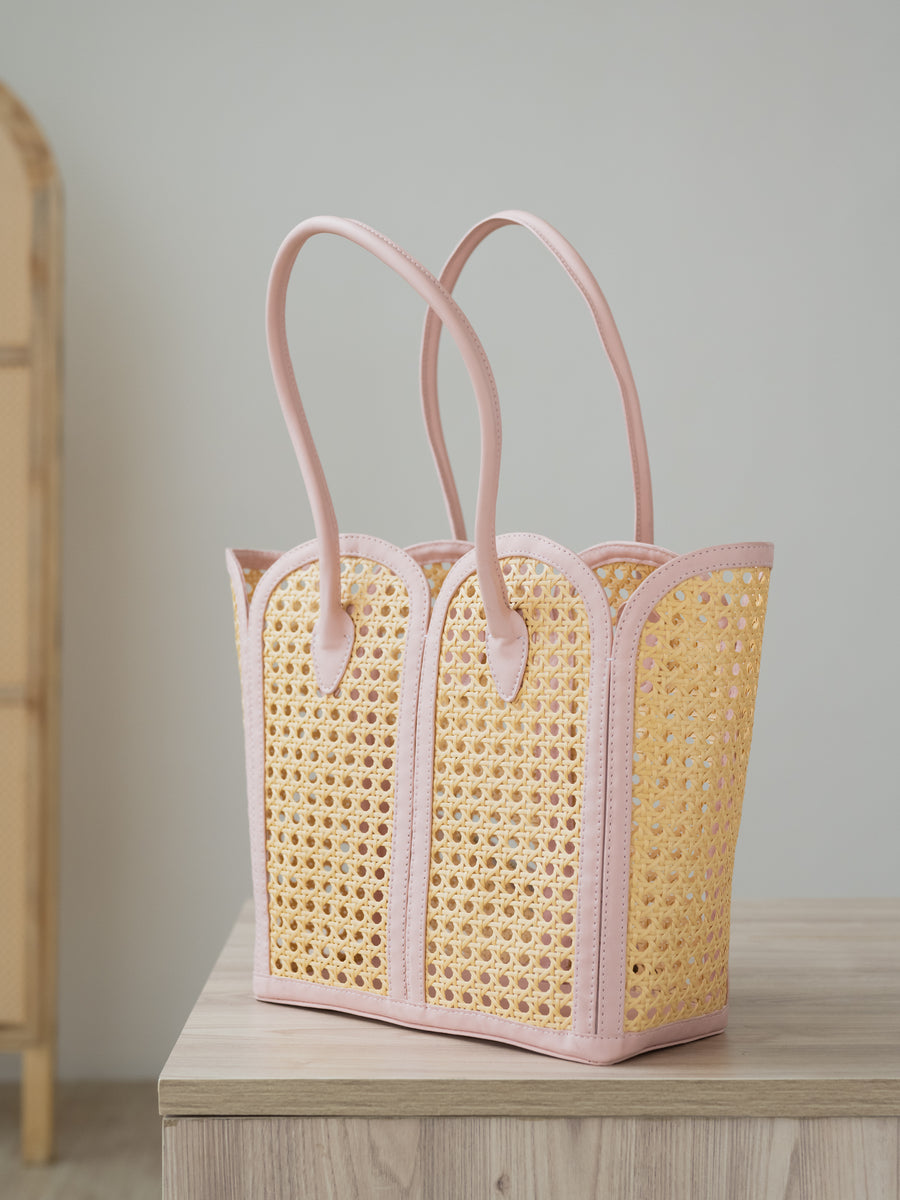 The Petal Cane Tote - Natural Cane & Blush Pink - Craftsmanship and closure close-up | DilliBagCo